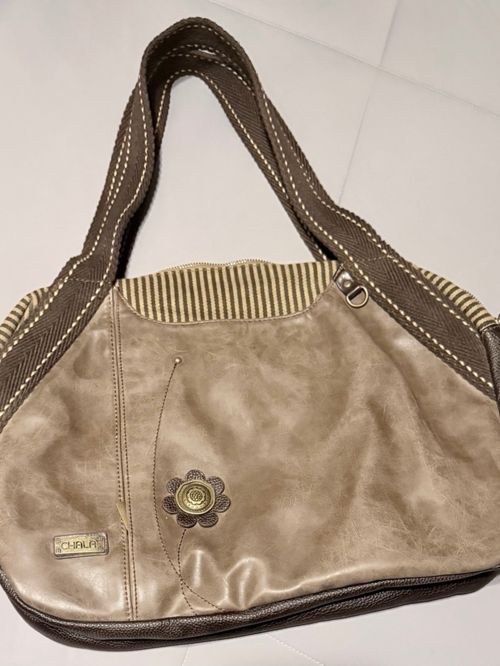 Chala Taupe and Brown Floral Accent Shoulder Bag